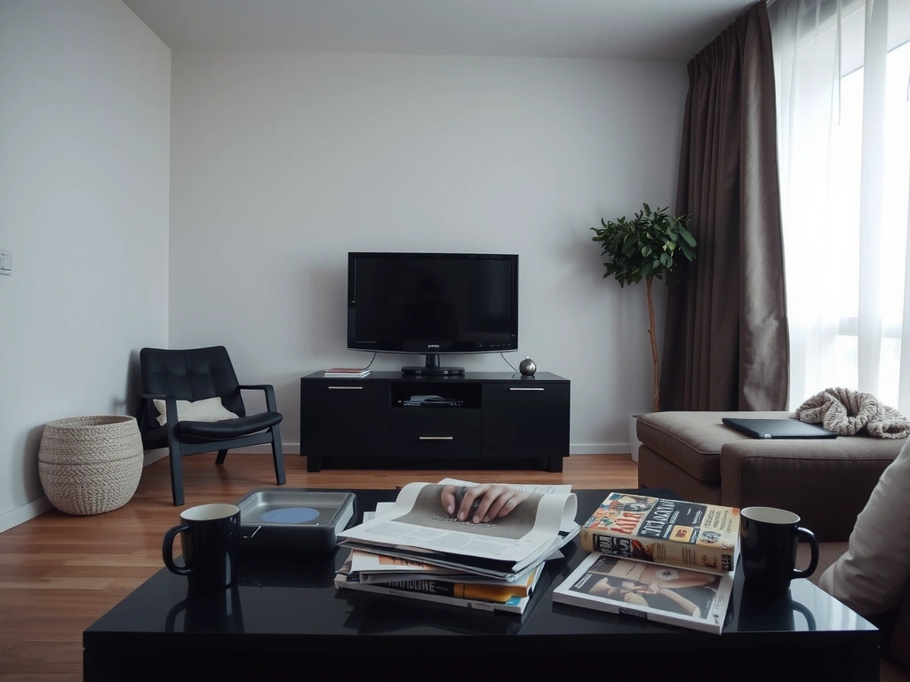 Before: Living area showing dust accumulation and surface clutter